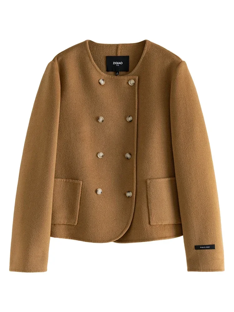 ZIQIAO 100% Wool Jacket Skirts Winter Sets Round Neck Double Breasted Temperament Camel Color Woolen Coats Zipper Waist Skirt