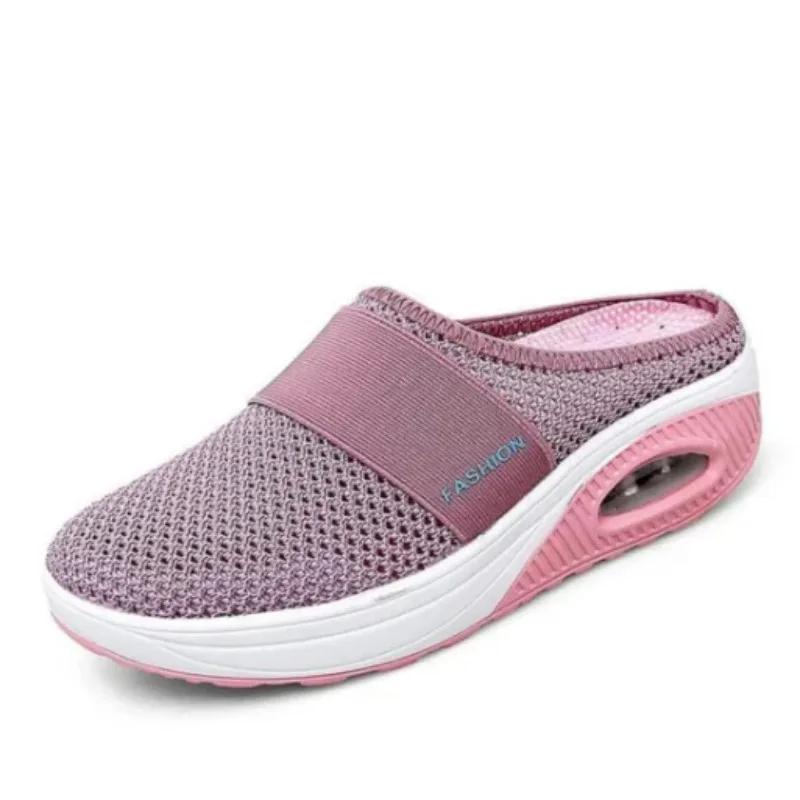 2026 Summer New Round Headed Headless Slippers Mesh Breathable Backless Thick Bottom Half Drag Large Casual Women's Drag