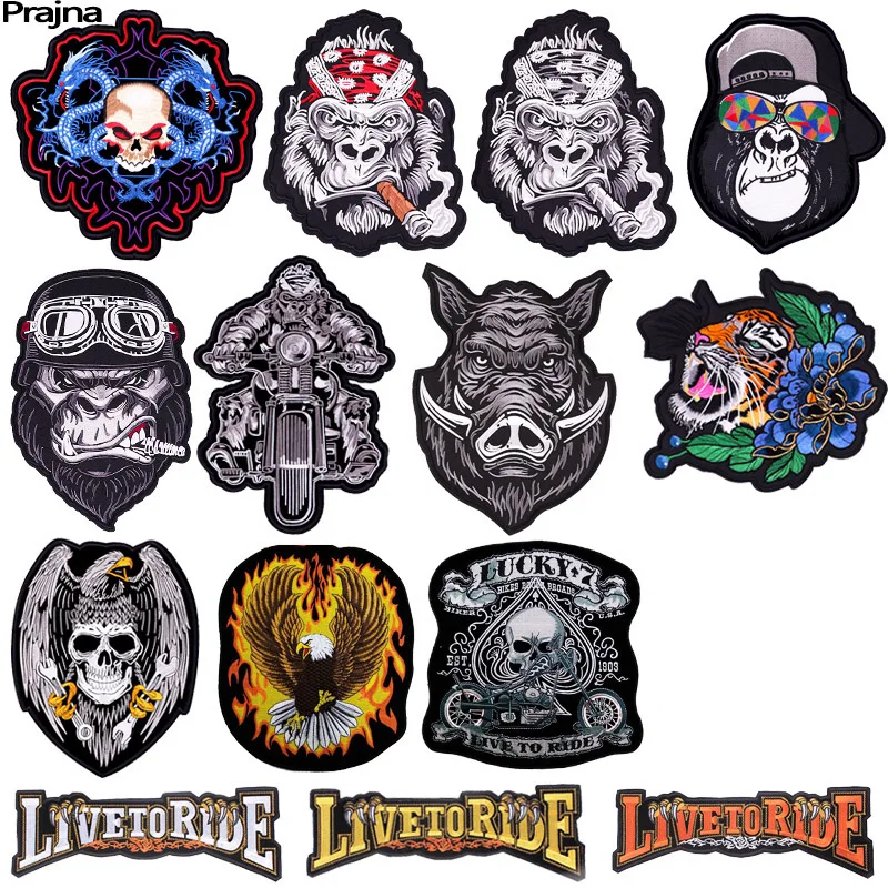 Moto Biker ricamo Patch teschio ferro su toppe per abbigliamento Punk grande animale indietro Patch ricamate sui vestiti fai da te