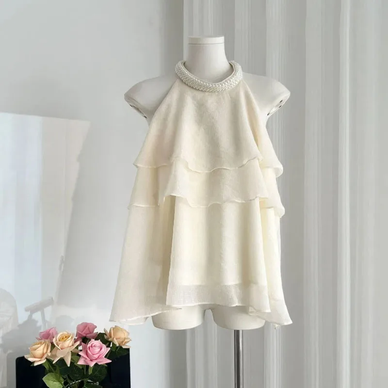 Wearing Pearl Halter Neck Vest For Women's Summer French Apricot Color Ruffled Chiffon Shirt Sleeveless Short Off-shoulder Top