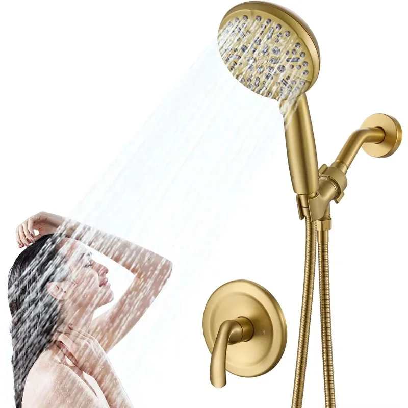Single-Handle Brushed Gold Shower Faucet Set Handheld Sprayer with 7 Adjustable Spray Modes Decorative Bathroom Fixture for Home