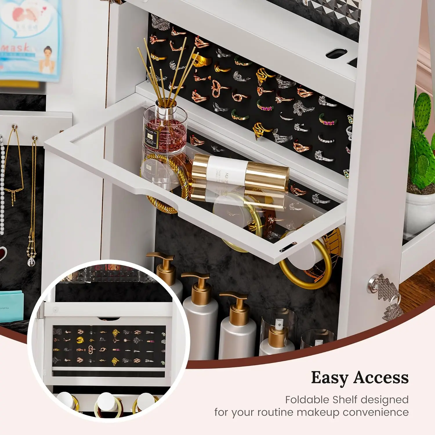 خزانة مجوهرات بمرآة LED، 360 درجة ° خزانة مجوهرات دوارة مع مرآة كاملة الطول، مرآة مع مساحة تخزين للمجوهرات وكبيرة
