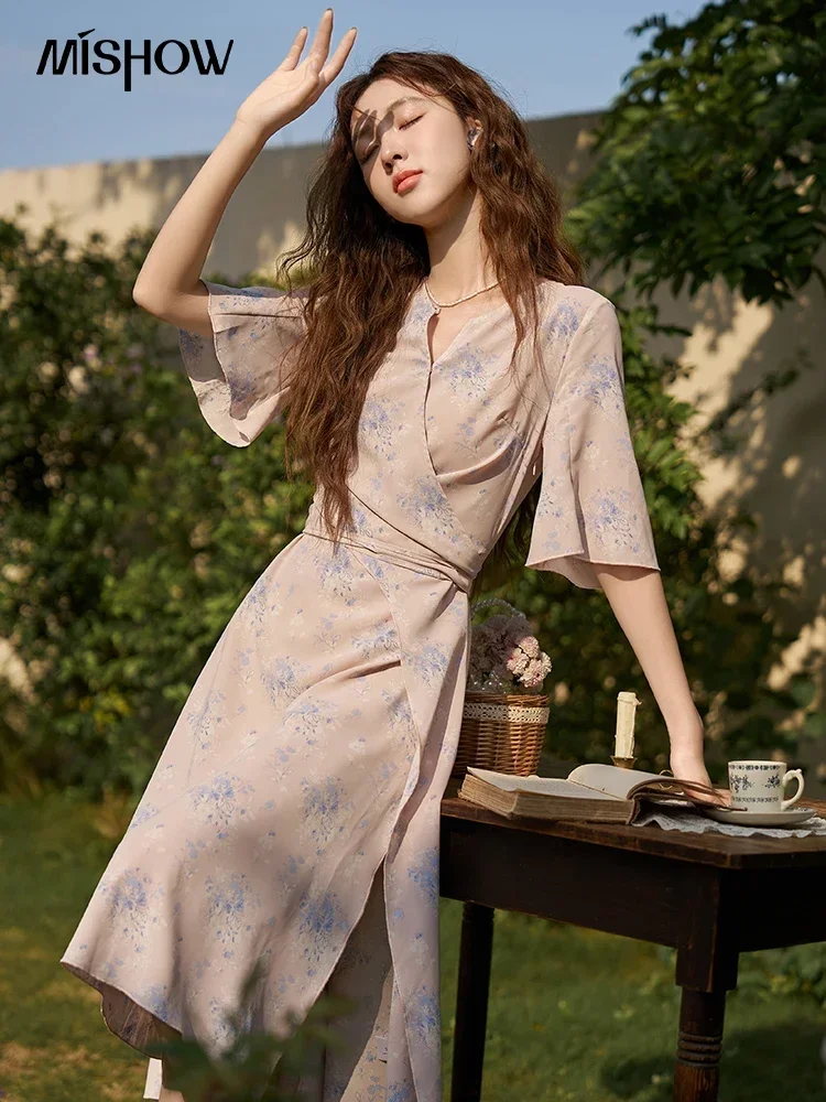 MISHOW Floral Puff Sleeve Dress for Women Summer French A-line V-Neck Lace-up Side Slit Temperament Tea Break Dresses MXC38L1413