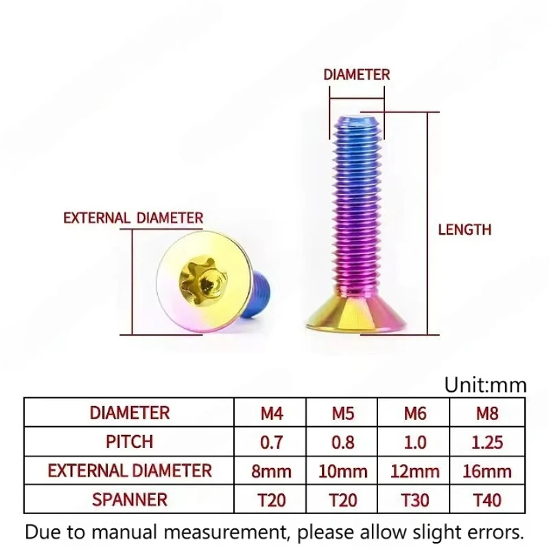 M4 M5 M6 M8 TC4 Titanium Alloy Candy-Colored Flat Countersunk Head Torx Cap Modification Screw for Motorcycle Bicycle Refit