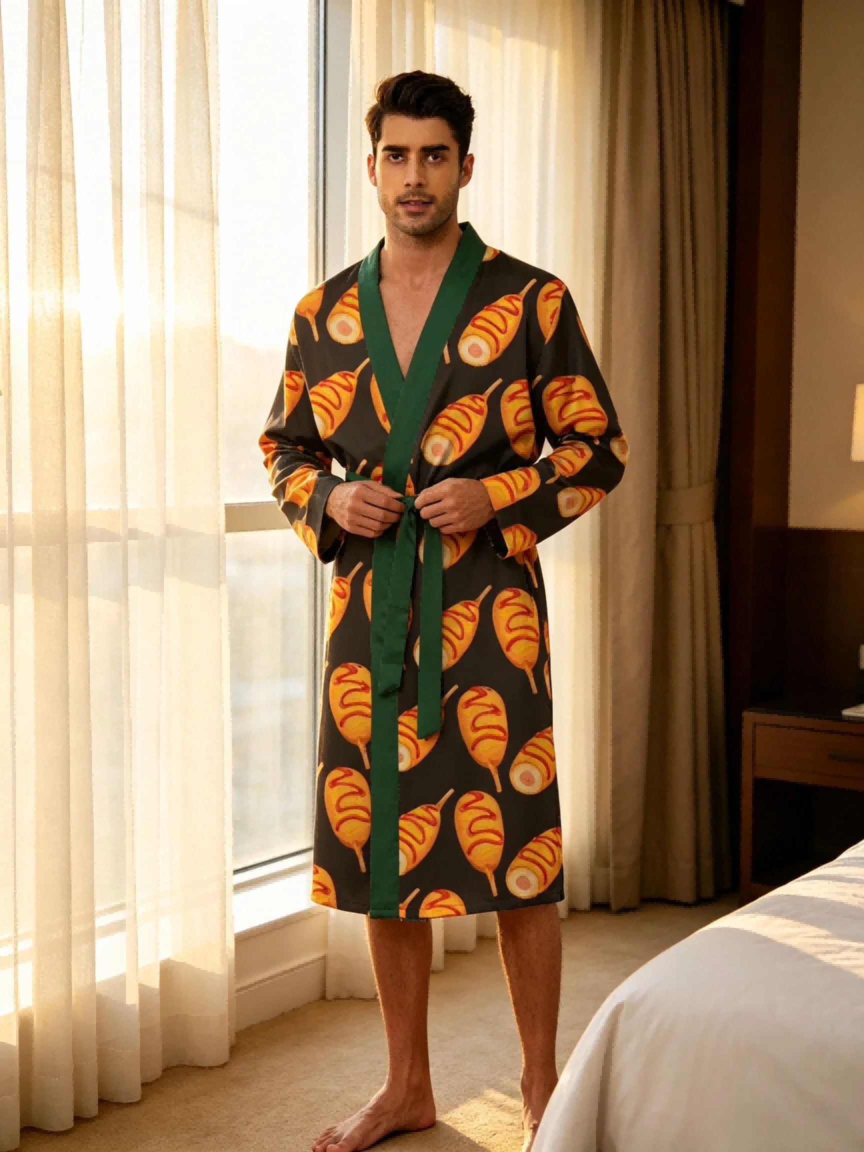Men's lightweight quick-drying pajama bathrobe - 3D digital printing, non-fading design, stand-up collar and adjustable waistban