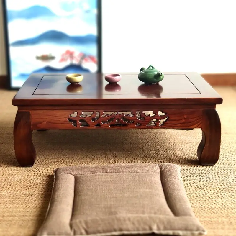 Old elm kang table, Arhat bed table, hand carved solid wood tatami short tea table,