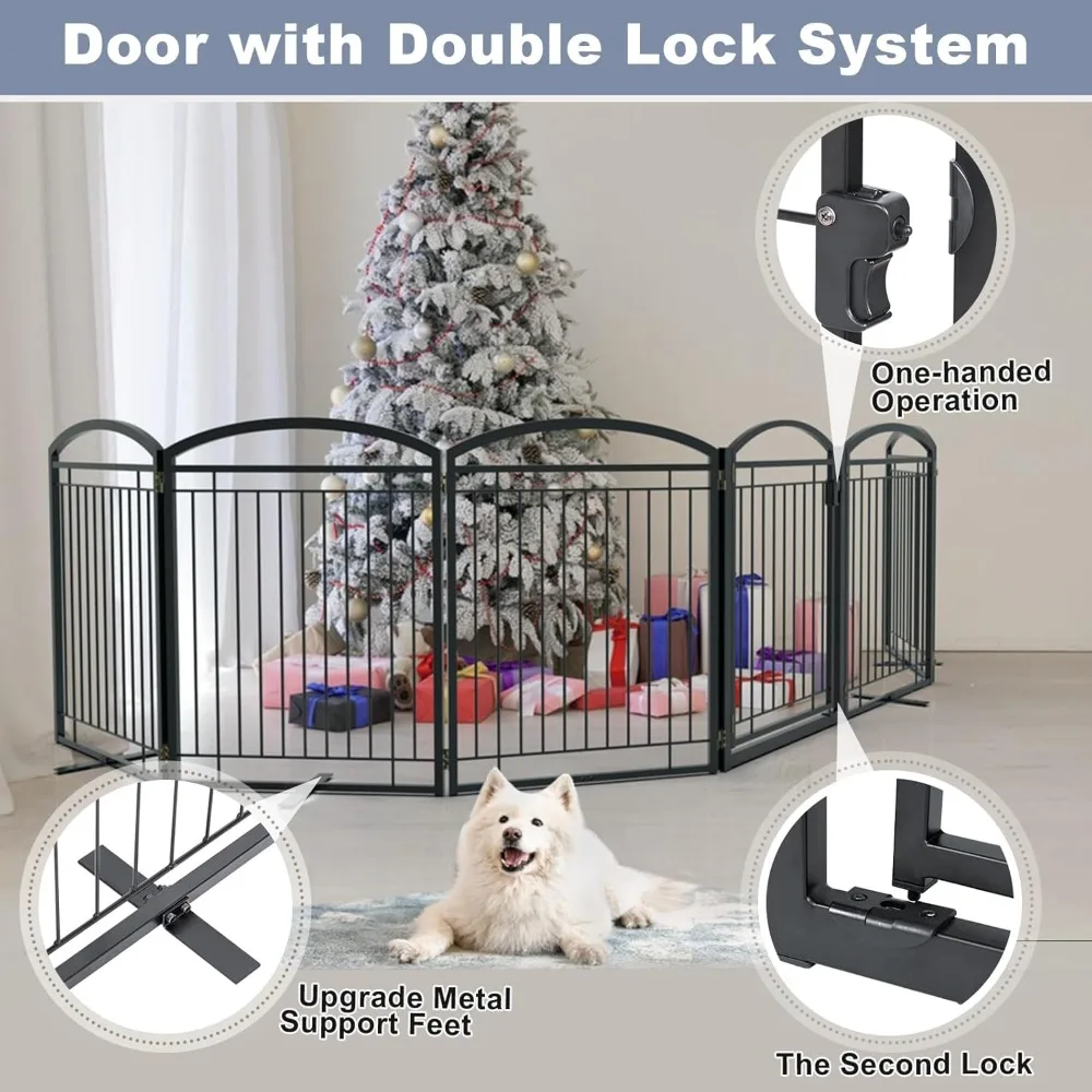 Full Metal Freestanding Dog Gates with Door,Foldable Pet Fences Outdoor&Indoor for Puppy