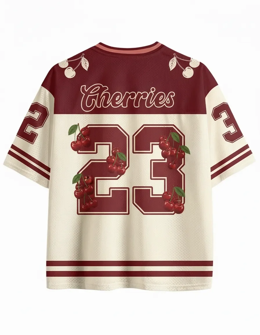 Men's and women's retro cherry print mesh breathable V-neck short sleeved sweet and juicy fruit number 32 pattern street T-shirt