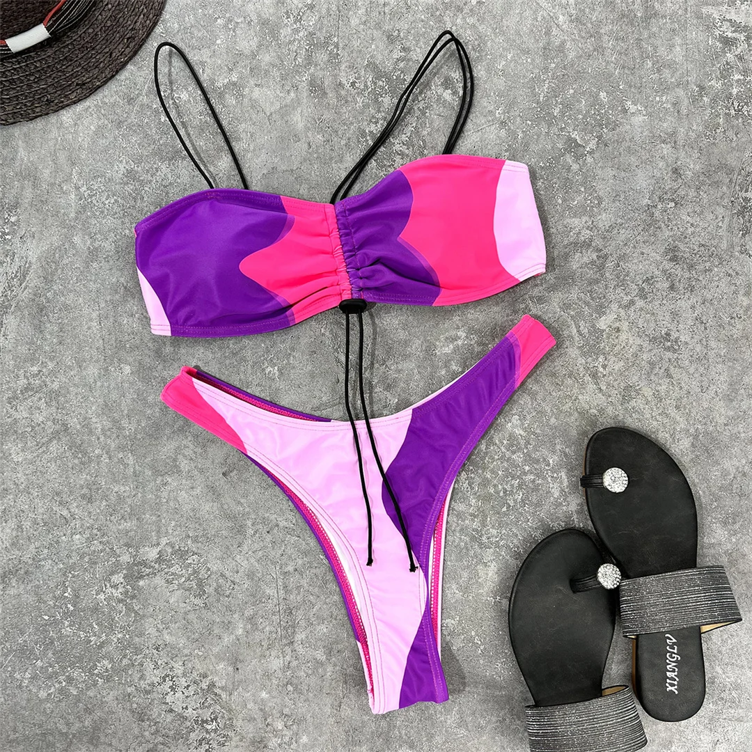 Bunter, geraffter Bikini mit Schnürung, Damen-Badeanzug, zweiteiliges Bikini-Set, hoch geschnittener Badeanzug, Badebekleidung, Modell V3770. – Detail 9