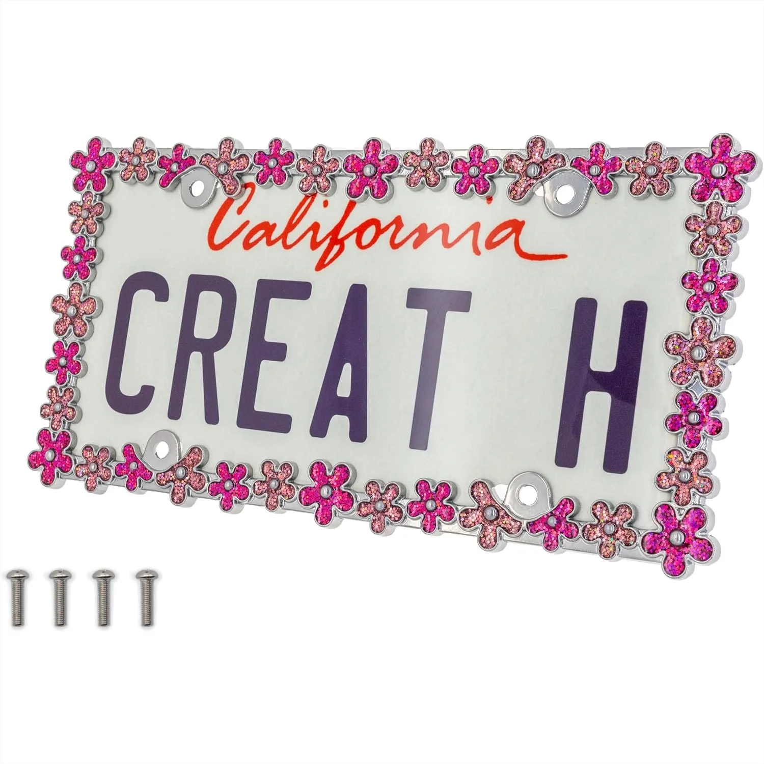 

Рамка для номерного знака 3D Shining Daisy Wreath, из чистого цинкового сплава с хромом и розовым блеском для стильного обновления автомобиля