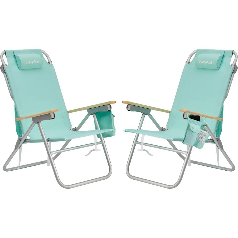 

High Back Folding Beach Chair, Tall Beach Chair With 3 Reclining Position, Portable Camping Chair For Adults With Wood Armrest,