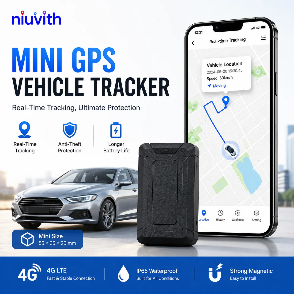 Niuvith Mini 4G LTE GPS Vehicle Tracker, Real-Time Tracking, Anti-Theft Alert, IP65 Waterproof, Free APP for Cars & Fleets