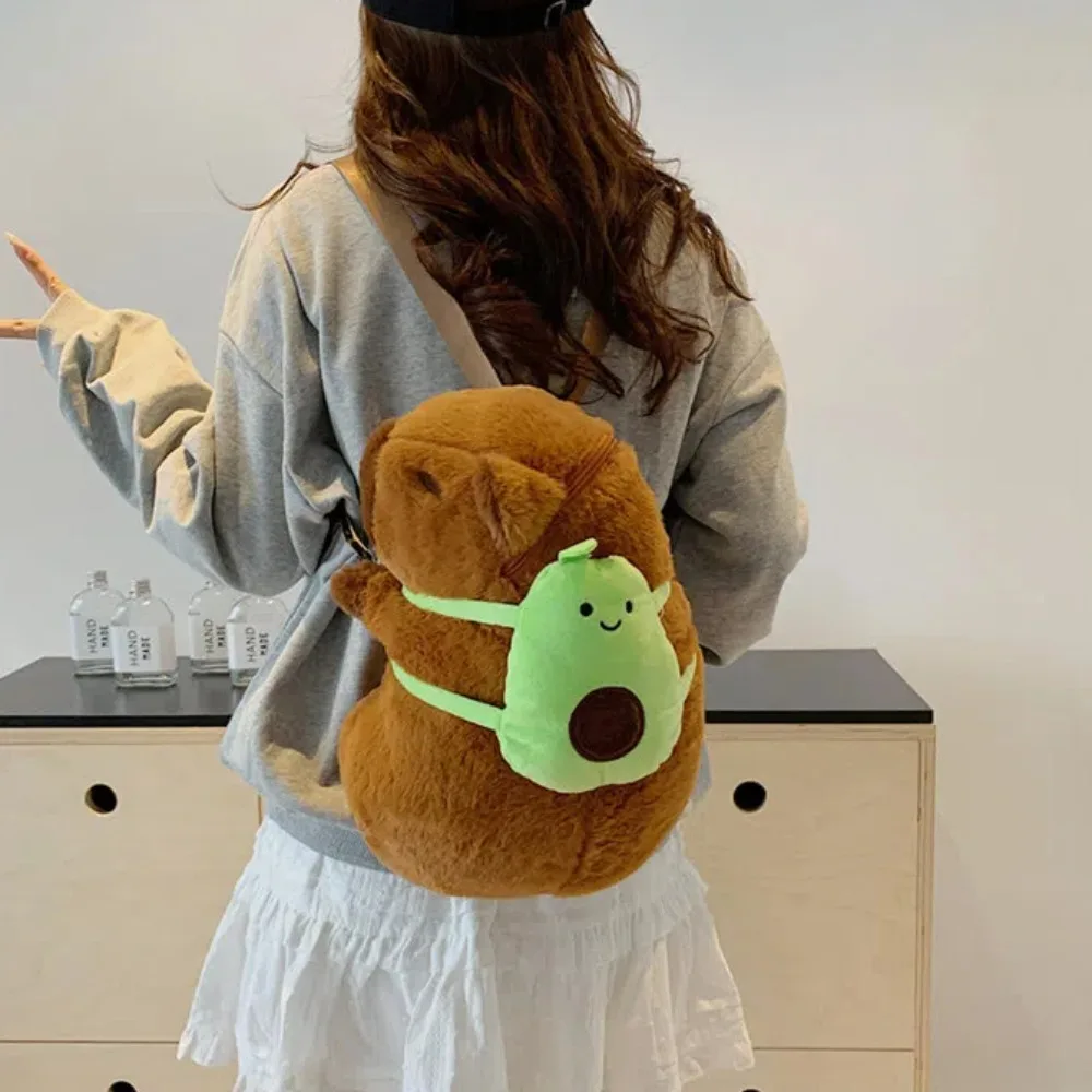 Comfortable Cartoon Capybara Backpack Cotton Filled Pear Capybara Crossbody Bag Avocado Fruit Plush Animal Daypack Girls