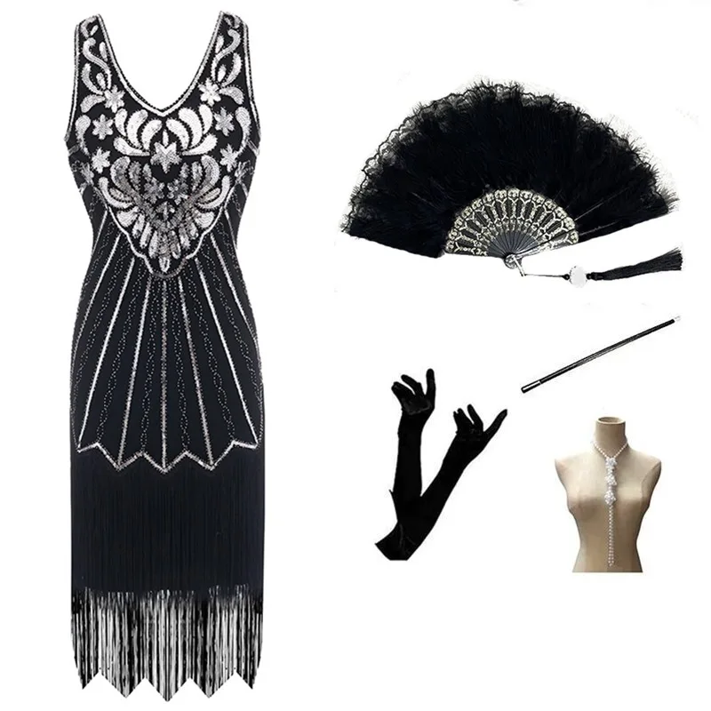 4 stück Fan Zubehör Set 1920s Flapper Vintage Pailletten Quaste Great Gatsby Cocktail Party Tanz Kleid