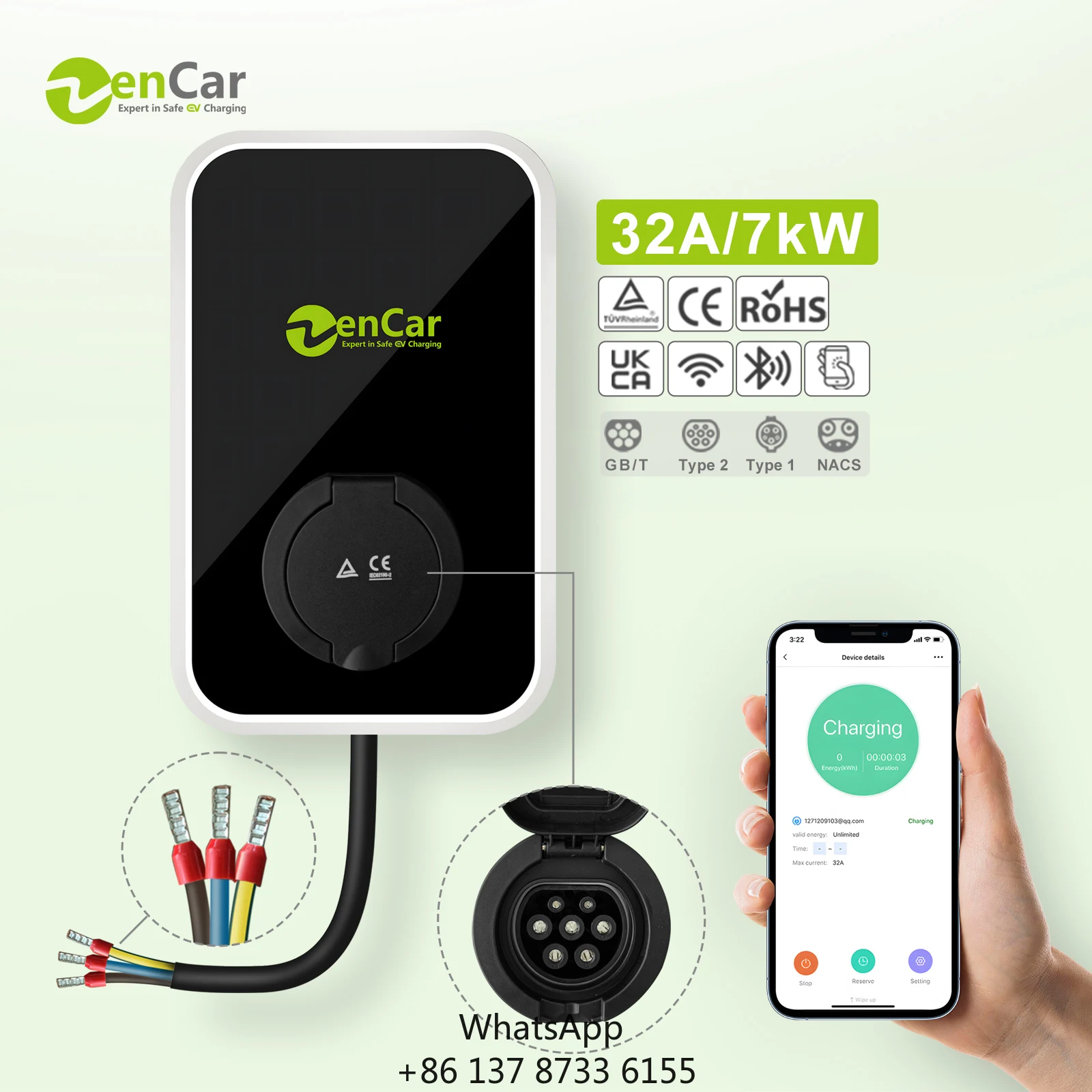 Smart 32A 230V Electric Vehicle Wallbox 7kW EV Charging Station With Wifi APP OCPP Type 2 Plug