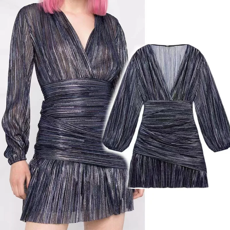 2024 Dress French Bubble Sleeve V-neck Bright Pleated Female Sexy Empire Waist Party Dress Draped Metallic Lurex Spring Summer