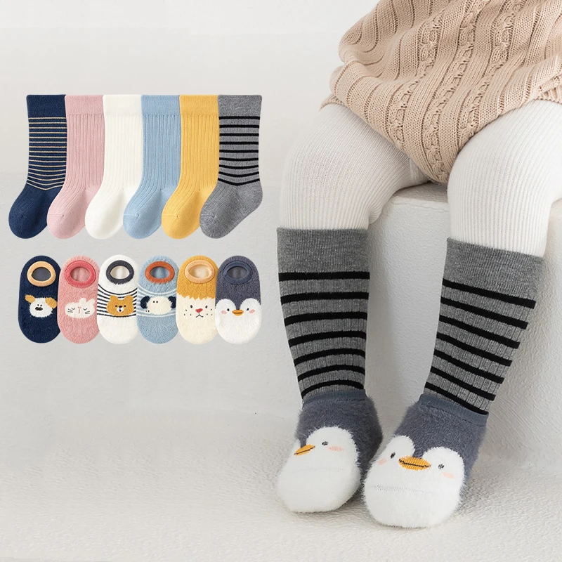 Striped Toddler Knee High Socks Cartoon Soft Cotton Newborn Leg Warmers Winter Warm Baby Floor Socks for Boys Girls Crawling