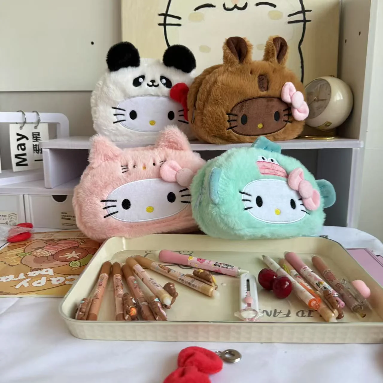 Cute Disguised Hello Kitty Plush Pencil Case Panda Capybara Cartoon Large Capacity Student Stationery Storage Bag High-Value Plu