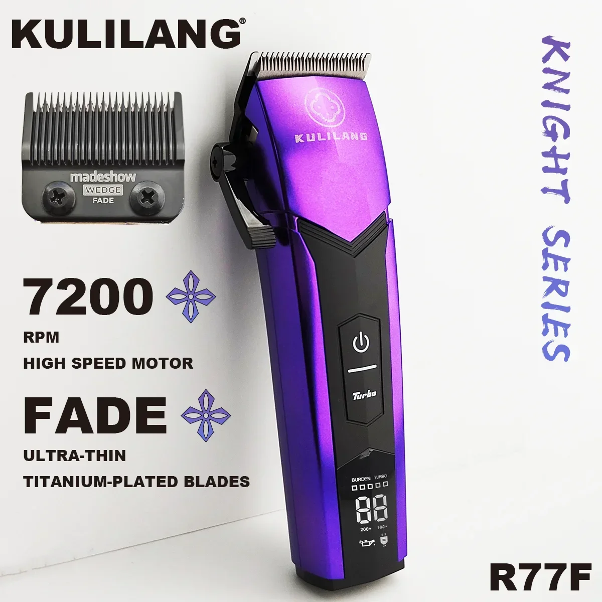 KULILANG R77F Purple Professional Hair Clipper Titanium Plated FADE Blade 7200rpm Gradient Electric Trimmer for Man Barber Shop