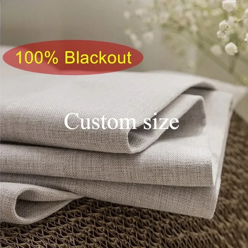 Custom Size Fashion European Modern  Linen Beige Shades Door Grey Drapers Curtains for Living Room Bedroom Dining White Tulle