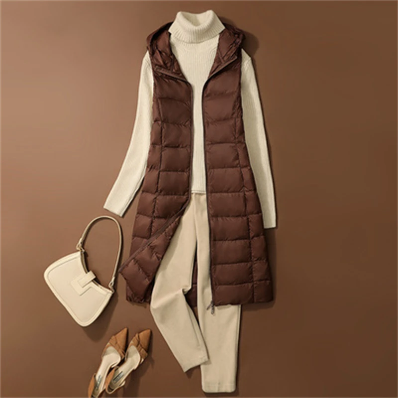 Sanishroly 2025 Winter Women Hooded Long Waistcoat Ultra Light Thin White Duck Down Vest Coat Female Sleeveless Warm Tank Parkas
