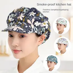 Flowers Printed Cooking Hats Elastic Bundled Hair with Brim Sanitary Cap Food Service Cotton Chef Cap Work Uniform