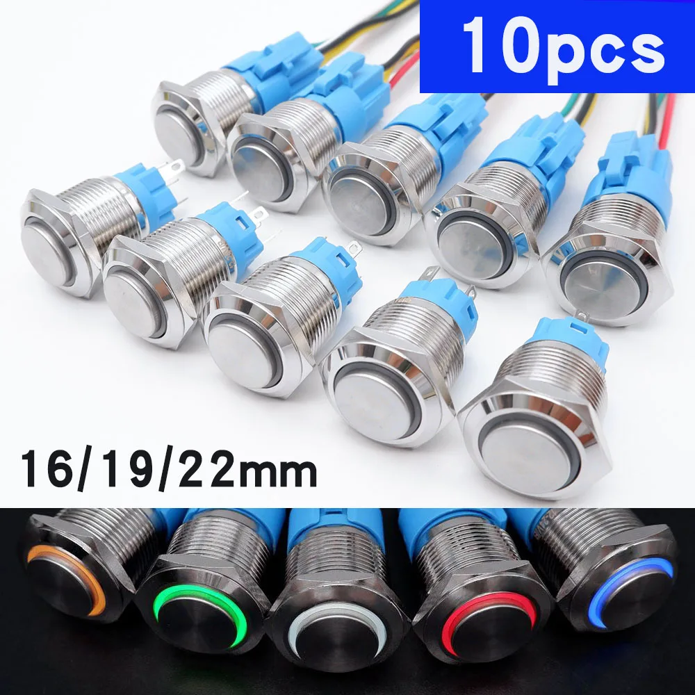 

10pcs Metal Push Button Switch LED Light Momentary/Latching 16mm 19mm 22mm High Head Waterproof 5V 12V 24V 220V Red Blue Green