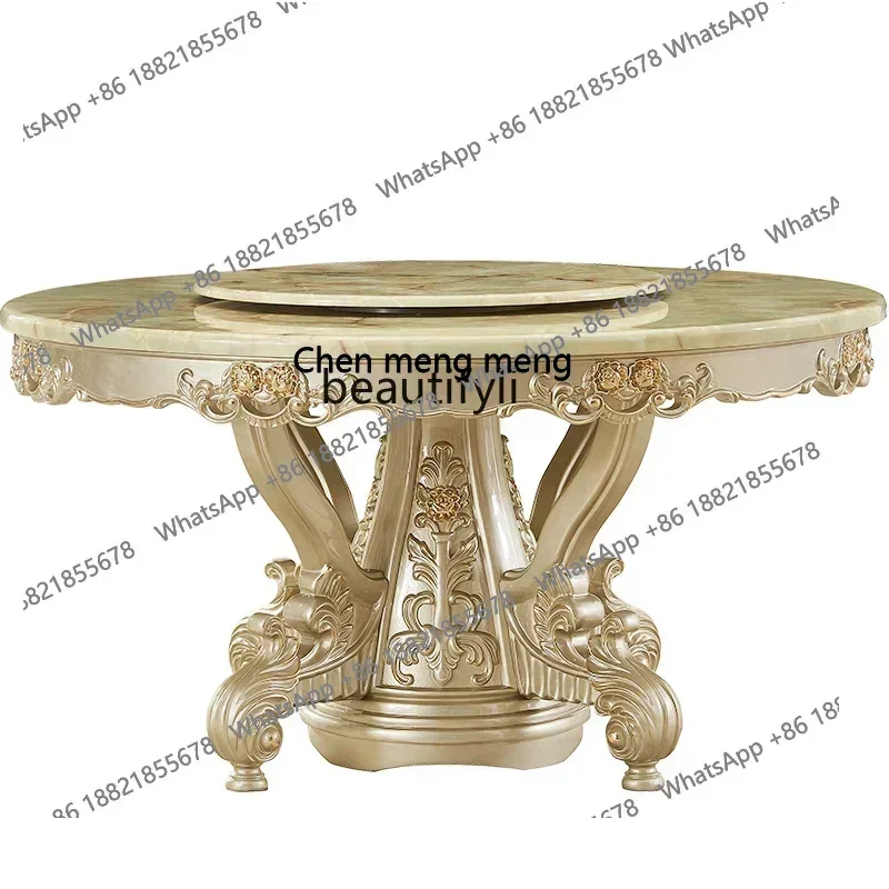 z183  European marble dining table, golden round table, all solid wood dining table, luxury dining table and chairs with turn