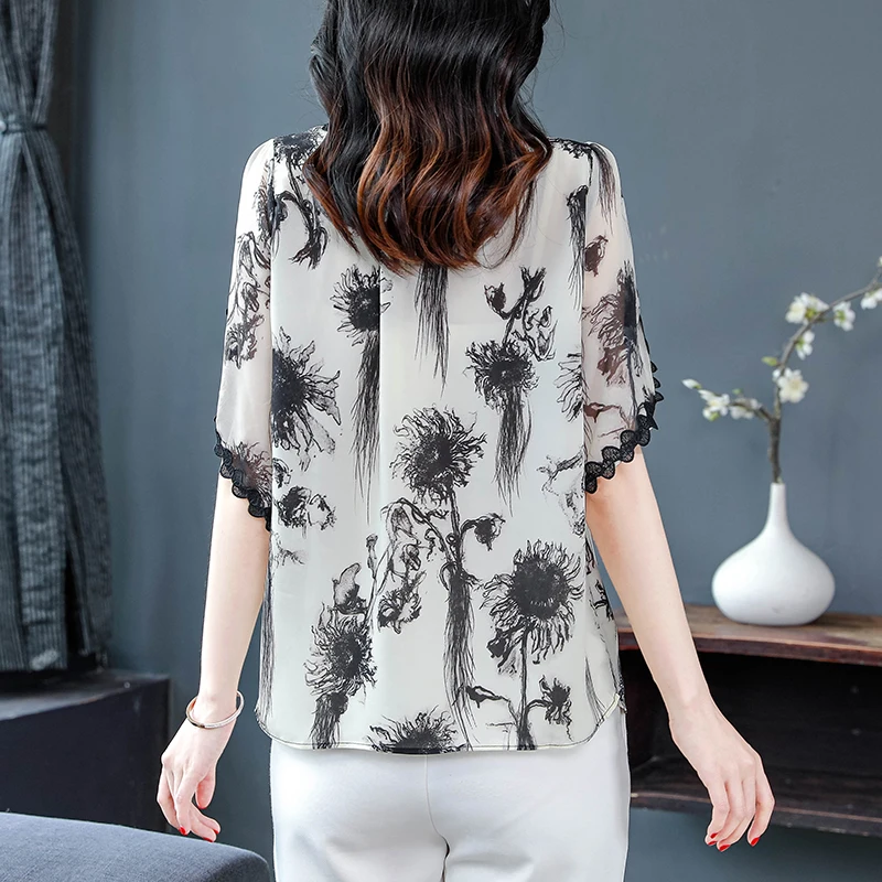 2024 Summer Clothing Flying Sleeve Chiffon Blouse Loose Casual Patchwork Lace Tops Vintage Printed Shirt