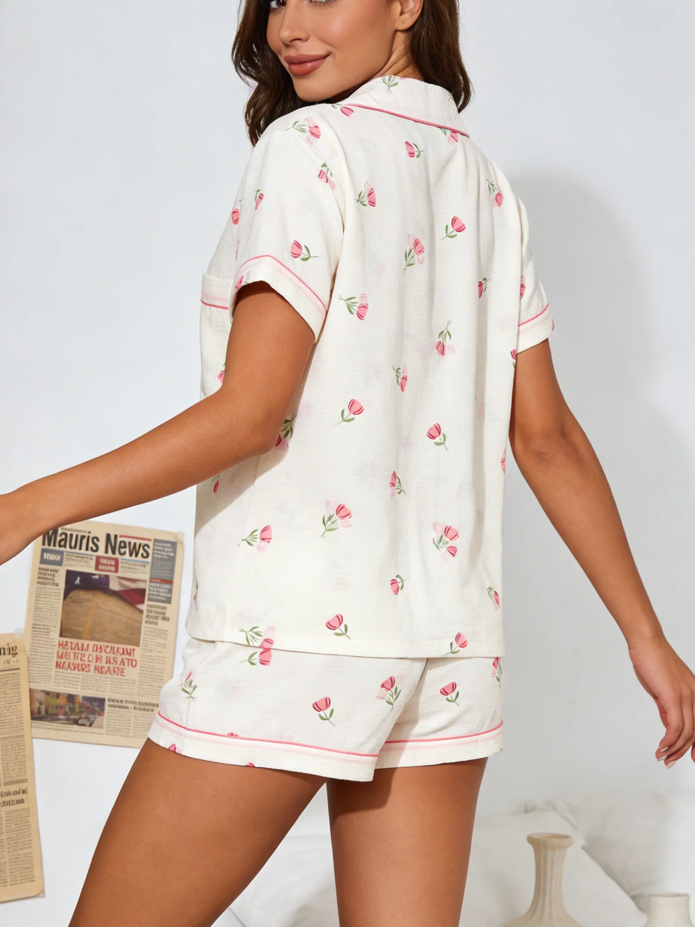 Women Pajamas Cardigan Lapel Short Sleeve Shorts 2 Piece Set Spring Summer Cute Tulip Print Homewear Loungewear