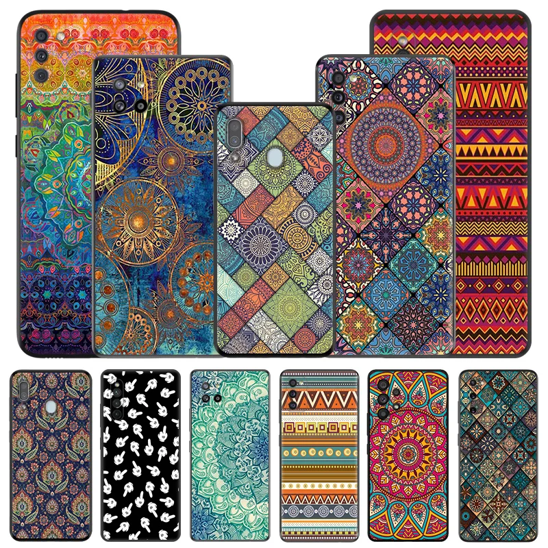 Mandala Checkered Silicone Black Phone Cases for Samsung Galaxy A54 5G A04 A03 A34 A01 A02 A50 A70 A40 A30 A20 S A10 E Cover