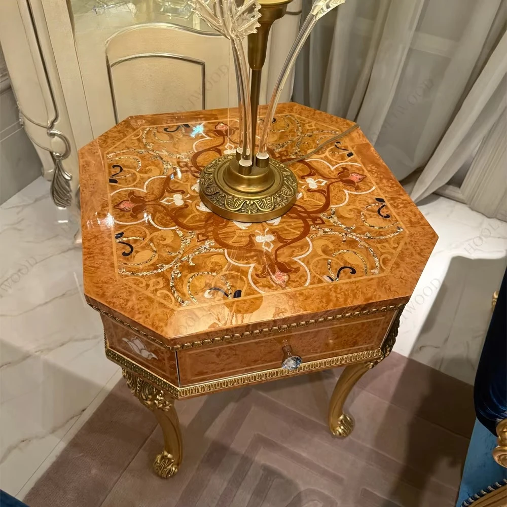 #Gold Painting Legs Orange Wood Veneer Inlaid Pattern Top Luxury Octagonal End Table With Drawer For High-End Living Room