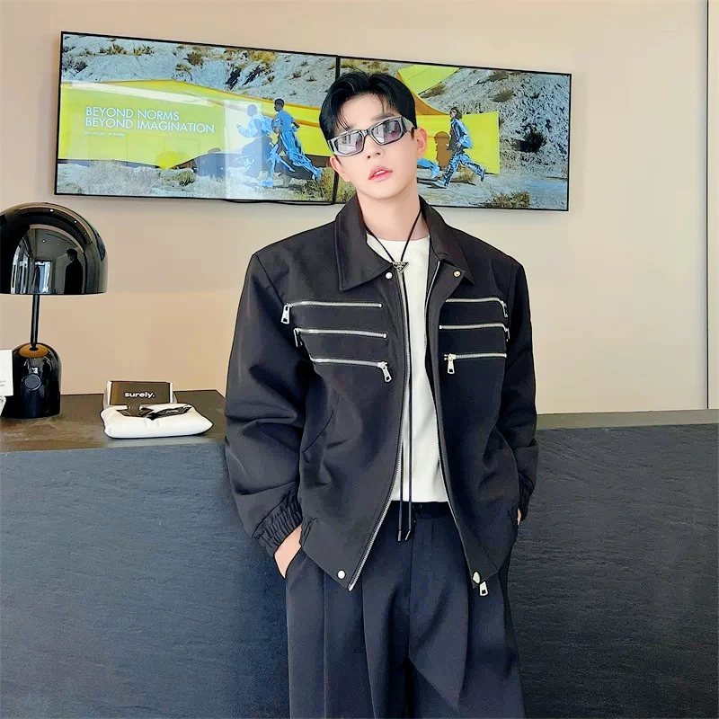 Trendy Men Street Jacket 2026 Fall Metal Zipper Show Shoulder Pad Collar Slim Fit Cool Stage Performance Coat