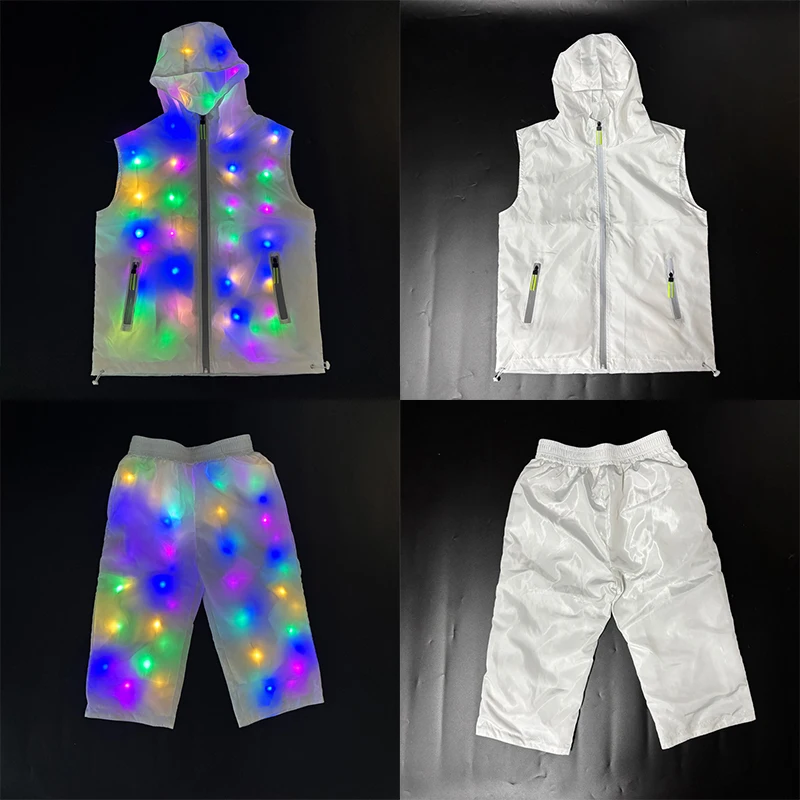 Glowing Vest Jacket Costumes Hip Hop Bar Performance Dance Outfit Summer Led Robot Suit Capri Pants LED Dancewear Men Women