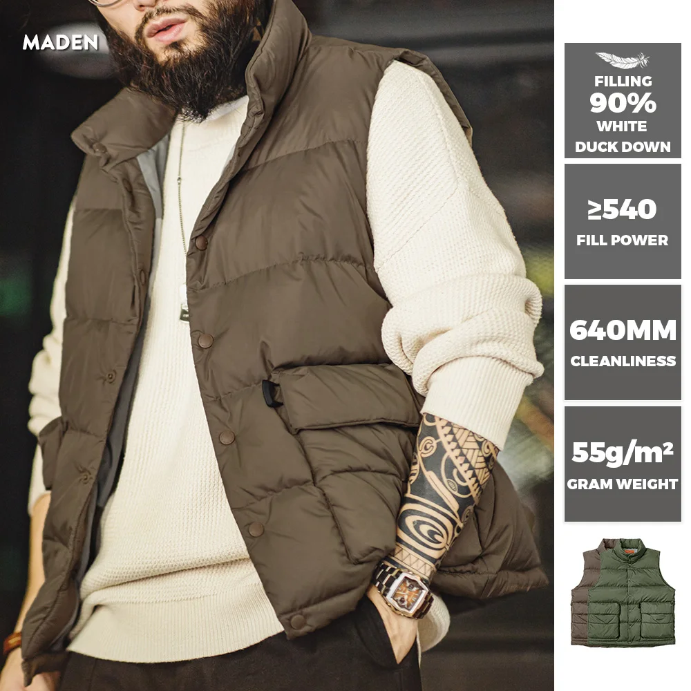 Maden Men's Autumn and Winter Down Vest White Duck Down Filling Thickened Warm Stand-up Outerwear Vests Large Double Side Pocket