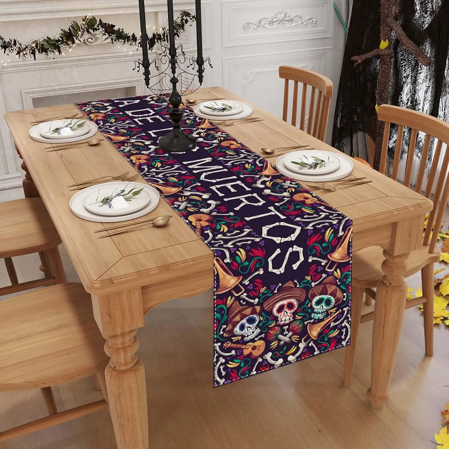 Mexican Dia De Los Muertos Linen Table Runner for Table Decorations Mexico Day of The Dead Sugar Skull Table Runners Party Decor