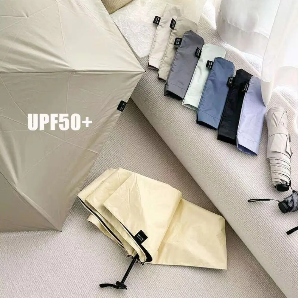 UV Protection Ultra-Light Umbrella Black Coating 6-Rib Pocket Rain Umbrella with Umbrella Cover Compact Folding Portable Parasol