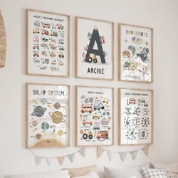 Solar System Continents Car Vehicle Alphabet Wall Art Canvas Painting Cartoon Posters And Prints Pictures Baby Kids Room Decor