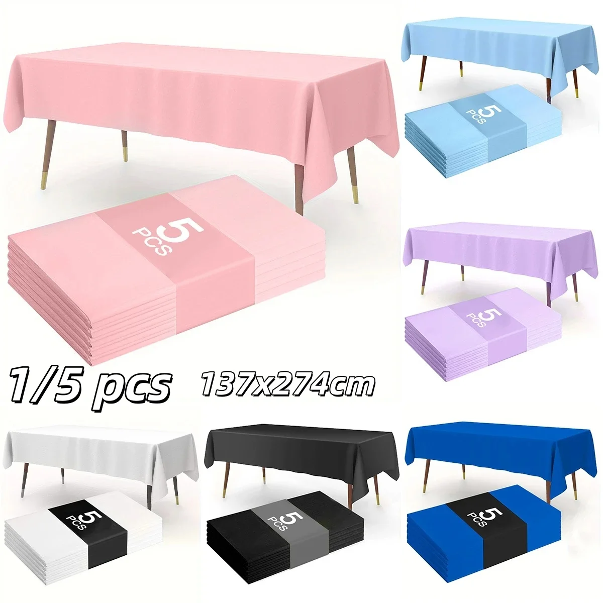 1/5 Pcs 137x274cm Multi Solid Color Disposable Plastic Tablecloth Rectangle Table Cover for Birthday Wedding Events Party Decor