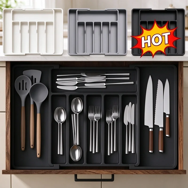 Adjustable Expandable Silverware Drawer Organizer Plastic Tableware Storage Tray for Spoon Fork Knife Kitchen Utensils
