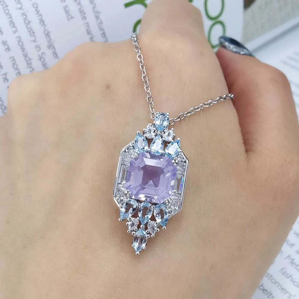 Luomansi 10*10MM Purple High Carbon Diamond Necklace Woman S925 Silver Jewelry Anniversary Party Birthday Gift