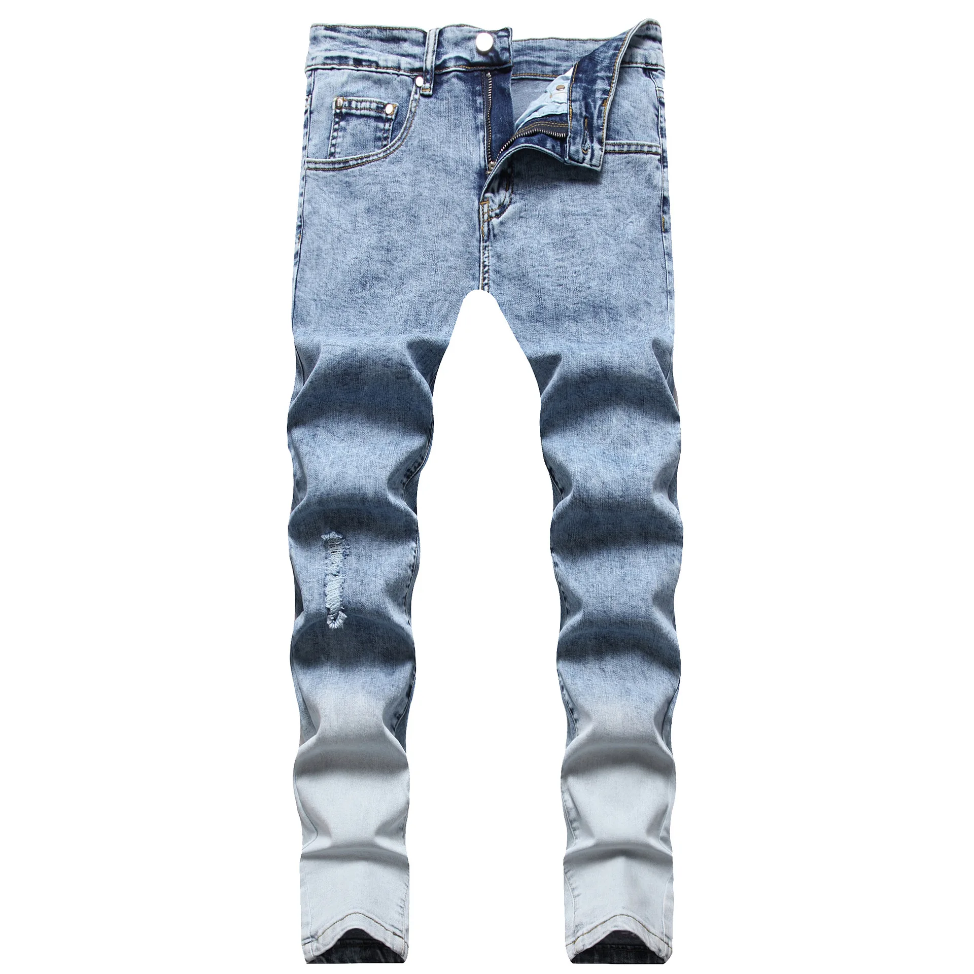 

2022 new Fashion Casual Guy PersonalityJeansgradient ripped hole blue zipper open youth cotton mid-waist men's jeans Hip Hop