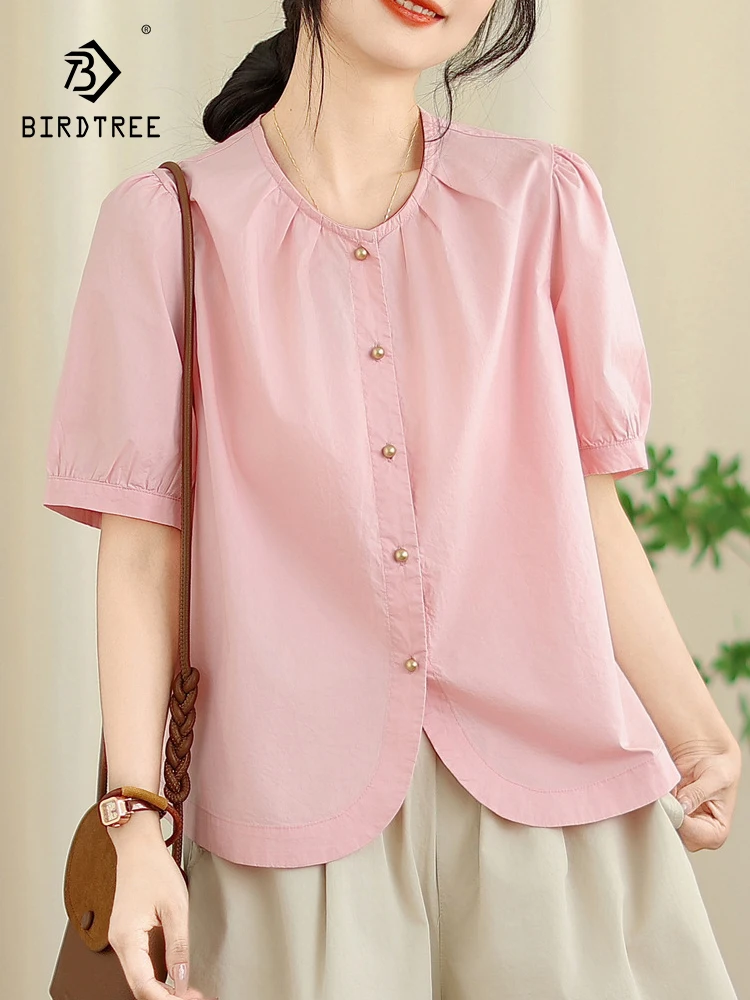 

New 2025 Summer Cotton Short Sleeve Shirt, Women O Neck Button Solid, Mori Girl OL Simplicity Versatile Loose Blouse T55921CC
