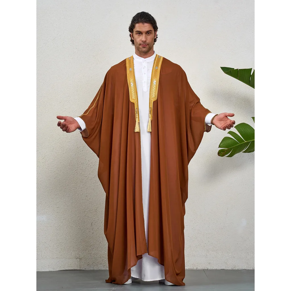 رمضان الإسلام Thobe الرجال المطرزة التباين السويدي اللون بأكمام طويلة ثوب كيب رداء، عباية رجالية برقعة