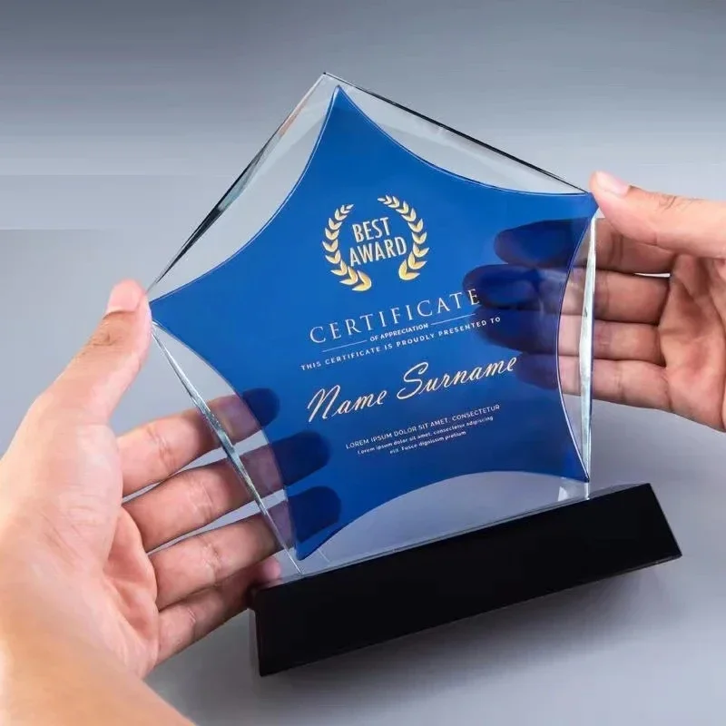 

Custom Blue Five-Pointed Star Crystal Glass Trophy Annual Meeting Event Souvenirs Sales Award Cup Free Custom Engraving LOGO