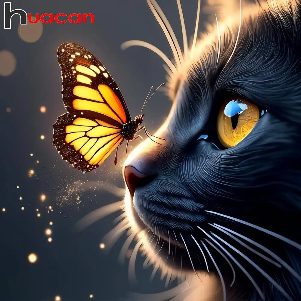 Huacan Neues Diamant-Mosaik Katze Tier Vollquadratisch Rundbohrer Diamantmalerei Schmetterling 5D Dekoration für Zuhause