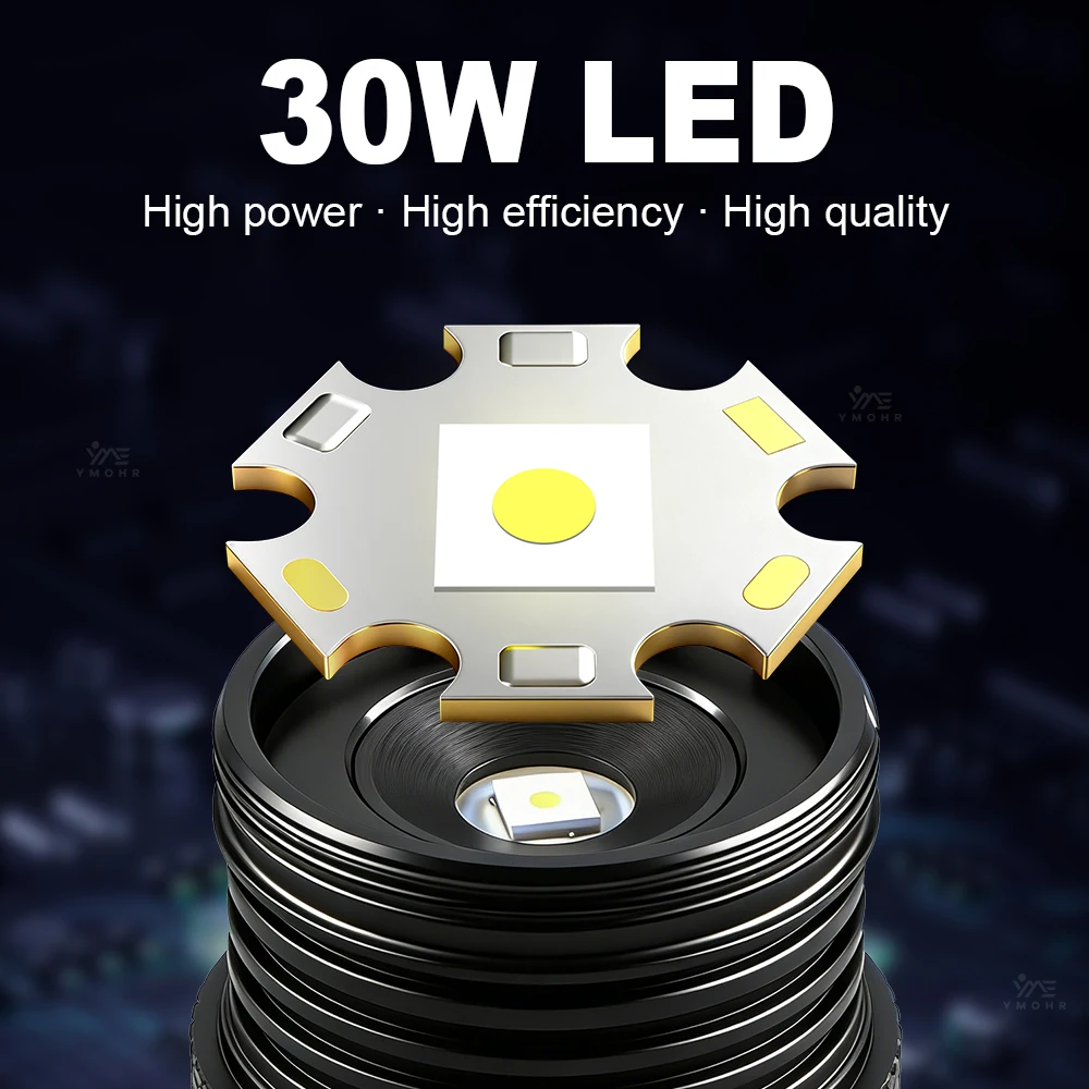 30W LED Rechargeable Workshop Flashlight Waterproof Magnetic Super Bright Hand Torch Digital Display For Garage Workshop Lights