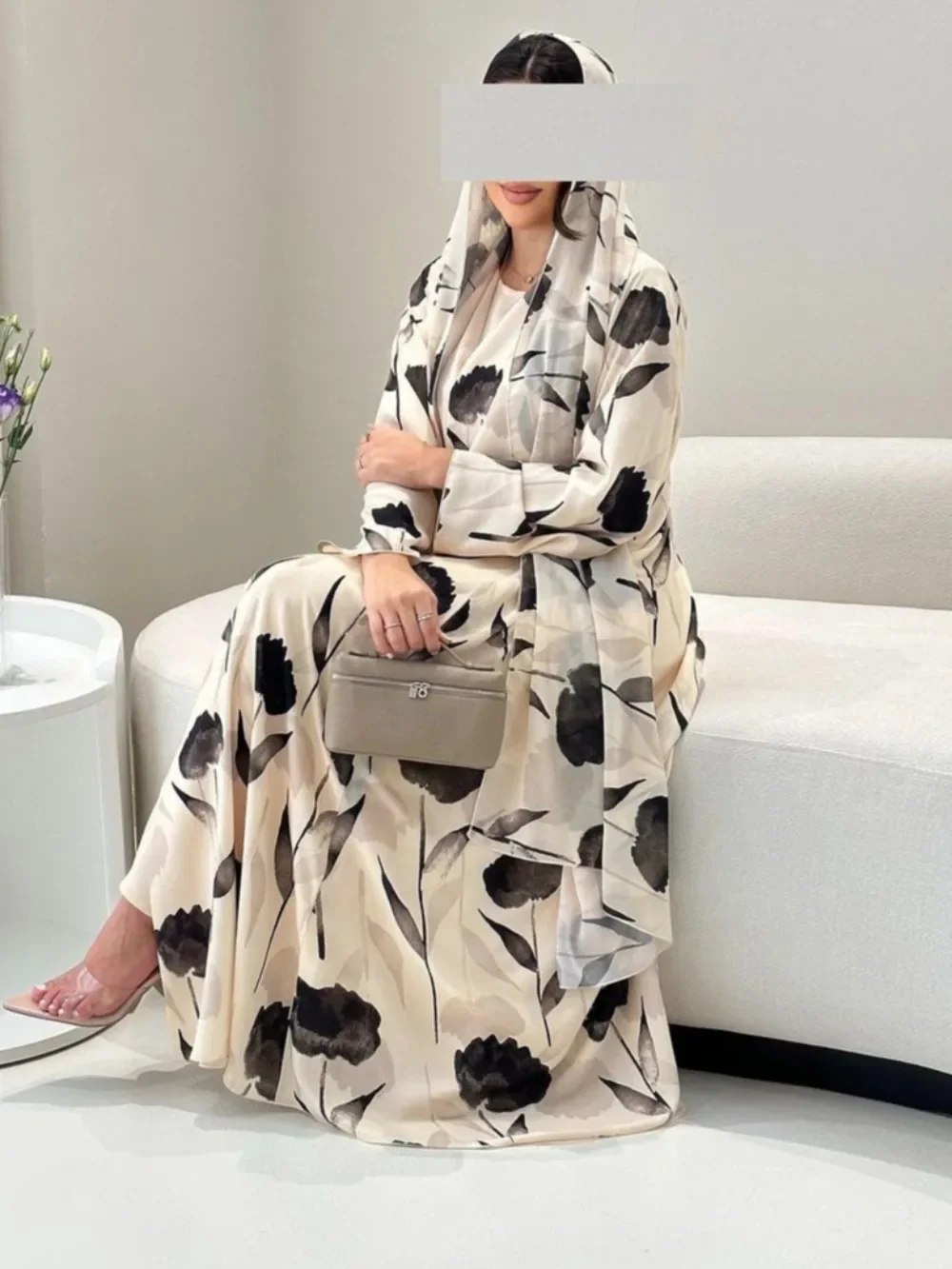 Eid Muslim Abaya for Women Dress Print Chiffon Abayas with Scarf Arab Dubai Cardigan Party Dresses Vestidos Long Robe Jalabiya