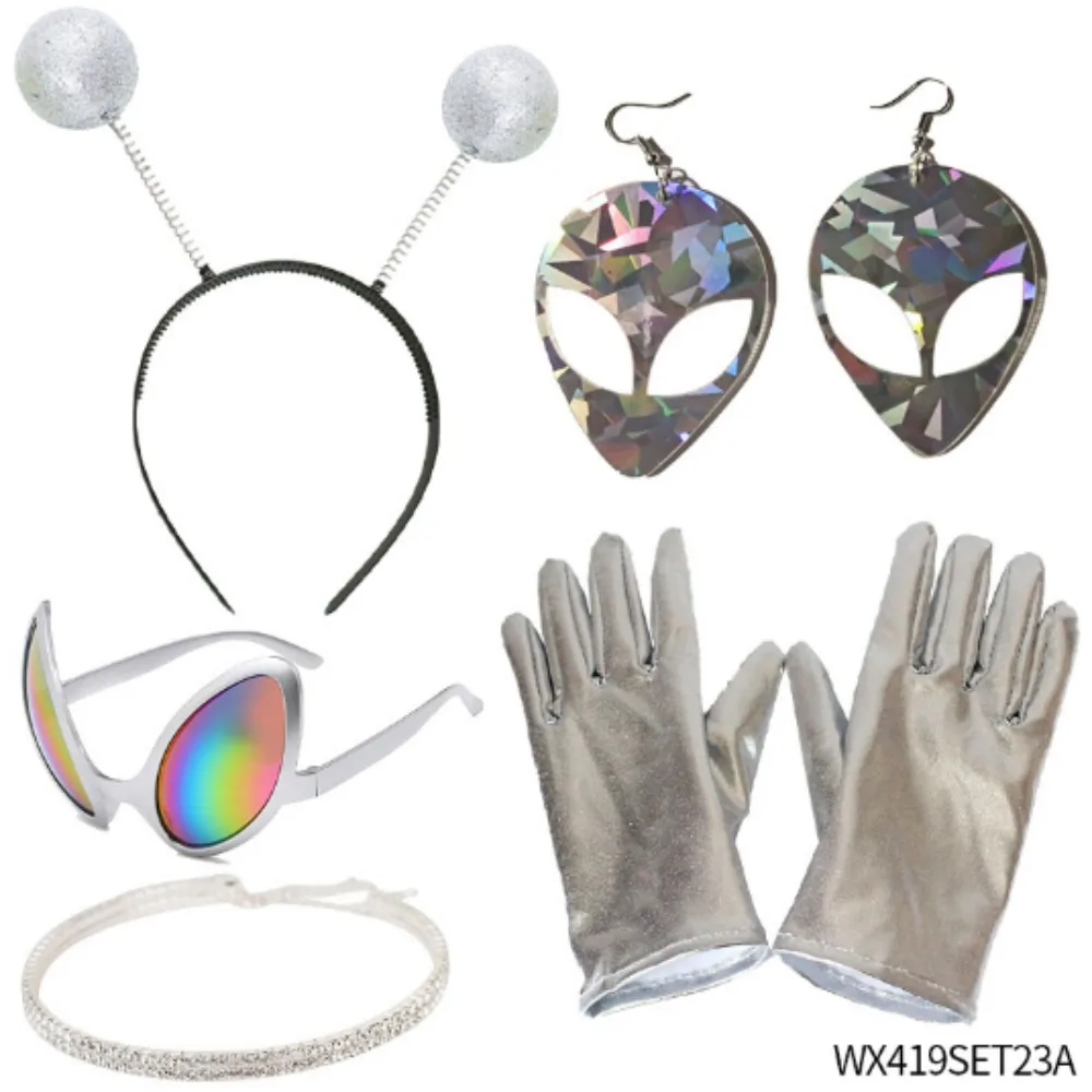 

Alien costume silver iridescent headband with diamond collar, alien earrings, and various other suitable party outfits