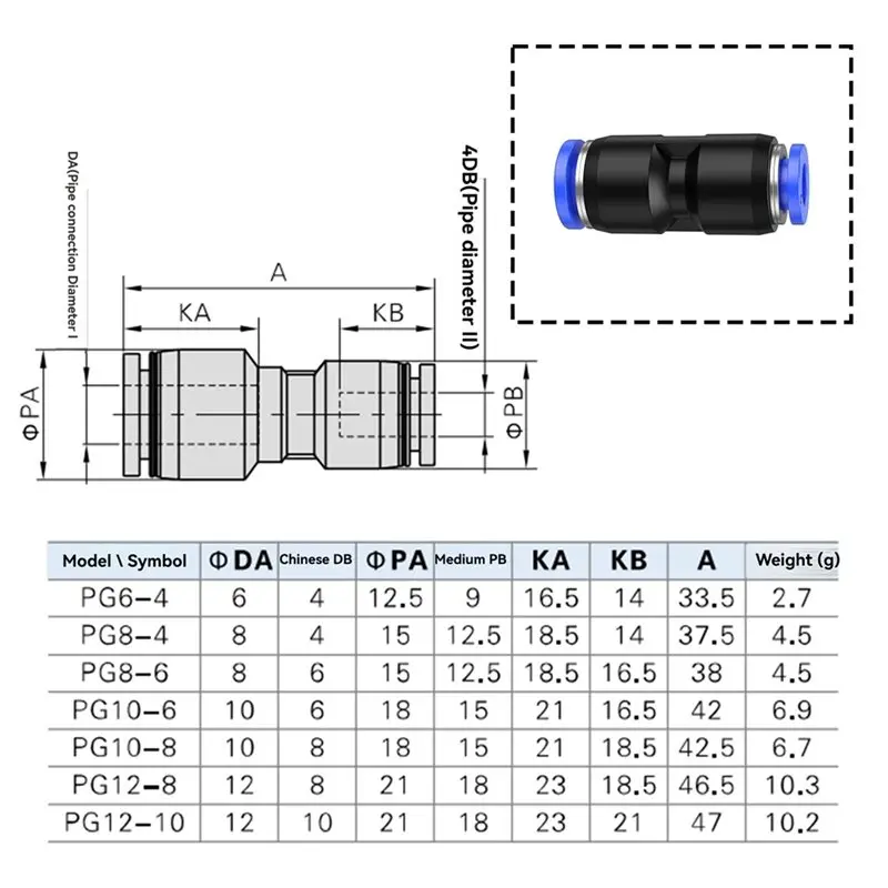 HRBAJ-Straight Reducer PG 100PCS Pneumatic Fittings PG6-4/PG8-4/PG8-6 2-Way Air Water Tube Push In Quick Connector